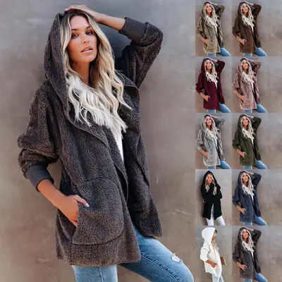 2022 Women's Long Sleeve Hooded Plush Cardigan Jacket