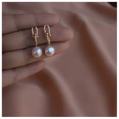 Natural Pearl Earrings 14K Gold Large Chain Style