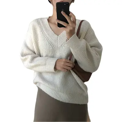 Women V-neck Pullover Sweater Brown Knitted Loose Autumn Winter