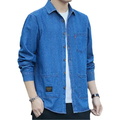 Men Cotton Denim Long Sleeve Shirt Multi Pocket Hong Kong Style
