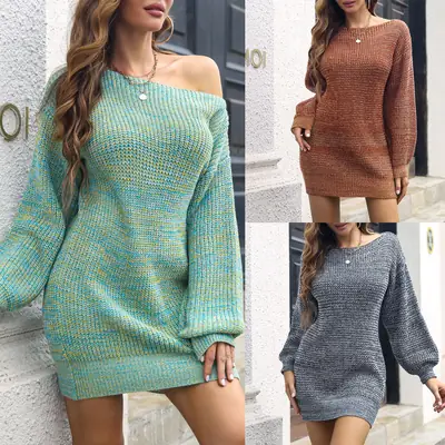 Women Woolen Lantern Dress Open Shoulder 2022 Winter