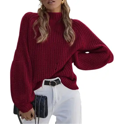Women Knitted Turtleneck Sweater Maroon Crossbody