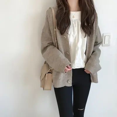 Korean Women's Grey Loose Sweater Jacket Cardigan