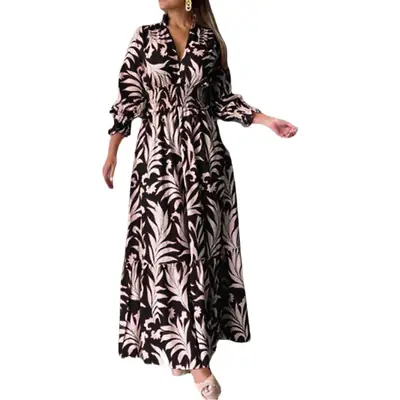 Bohemian Printed Long Skirt Pullover Dress Blue Yellow