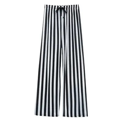 Women Ice Silk Wide Leg Pants Black White Vertical Stripe Summer Casual