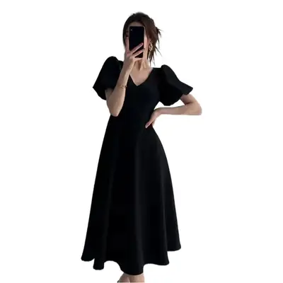 Black French V-Neck Wine Red Dress for Women