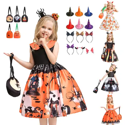 Halloween Girl's Costume Dress with Bat Print