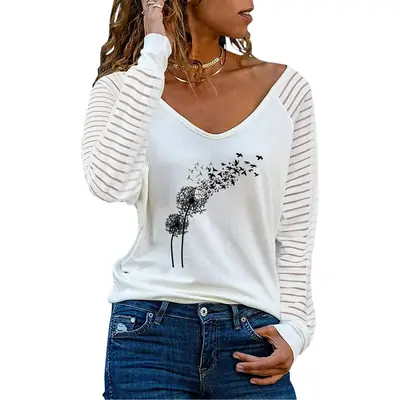 White Dandelion Print V-Neck Long Sleeve Top for Women