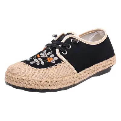Women Embroidered Fisherman Slip-On Shoes Black Beige