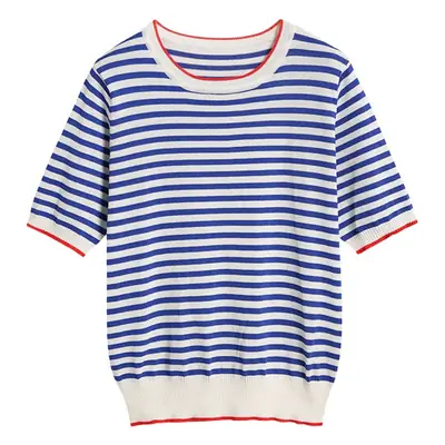Women Striped Knitted T-Shirt Crewneck Blue White