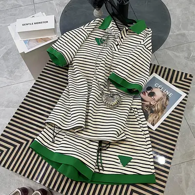 Women Casual Striped Shorts Set Green Belt Large