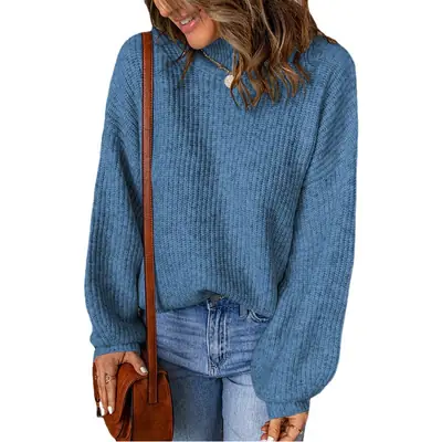 Women's Blue Waffle Knit High Collar Pullover Sweater