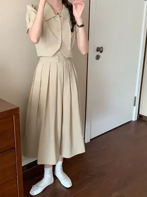 French High-End Women's Puff Top Pleated Skirt Set