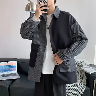 Men Korean Style Long Sleeve Shirt Coat Grey Black Striped