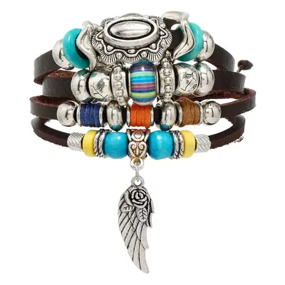 New Ethnic Multi-Beaded Feather Turquoise Glass Wings Leather Bracelet Cross-Border Hot Selling