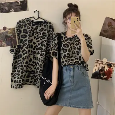 Women Leopard Print T-Shirt High Waist Shorts Set