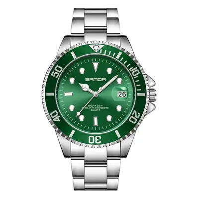 Men's Green Quartz Watch with Steel Band & Waterproof Design
