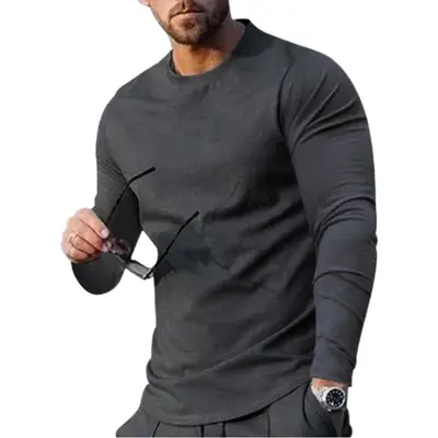 Men Long Sleeve Crewneck Solid Green T-Shirt