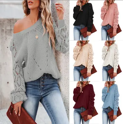 Women's 2023 White Knitted Loose Sweater with Hollow Pattern