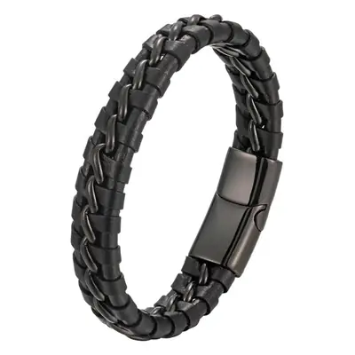 Men's Black Gold Braided Leather Bracelet with Clasp