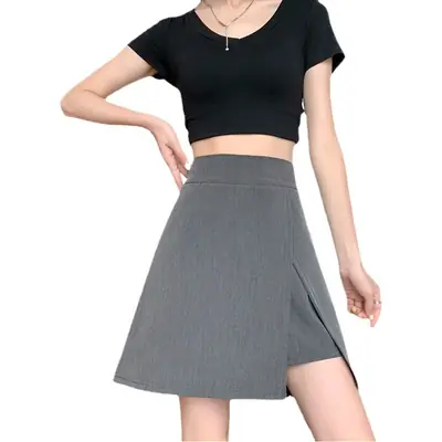 Summer Women's Grey A-Line Skirt with Slit Hip Cover