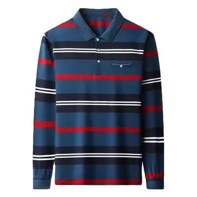 Autumn Men Striped Polo T-Shirt Long Sleeve