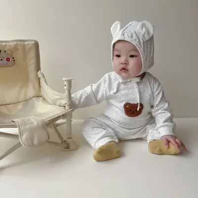 2025 Korean Style Baby Jumpsuit Brown Polka Dot Embroidered Bear
