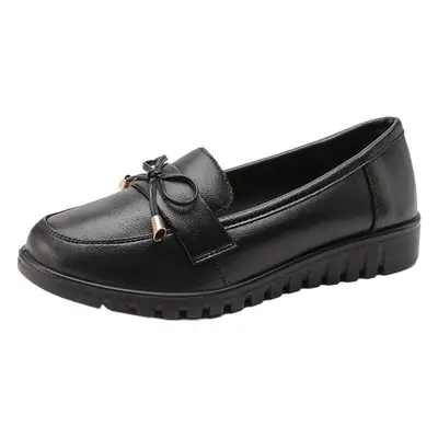 Black Women's Flat Genuine Leather Loafers with Bow