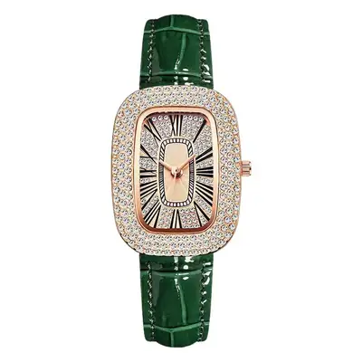 Diamond Encrusted Women's Quartz Watch Green Leather Strap