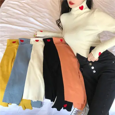 Women Turtleneck Knitwear Autumn Winter Hearts Embroidered