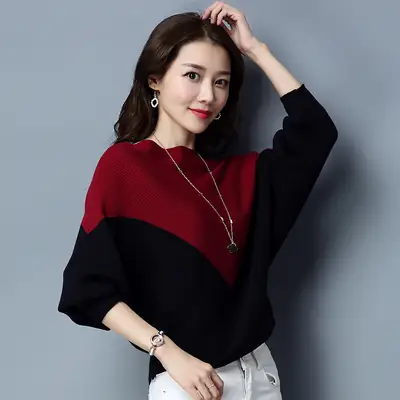 Women Red Black Sleeve Sweater Long Sleeve Pullover