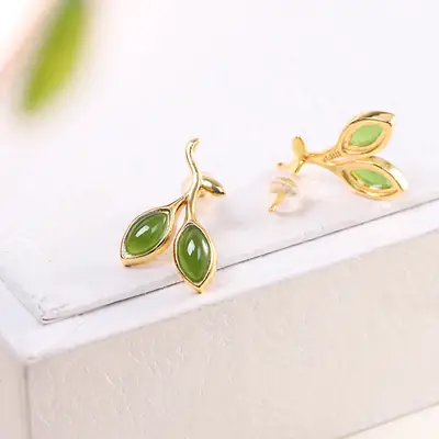 925 Silver Leaf Green Chalcedony Stud Earrings