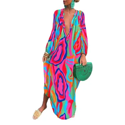 Women Printed V Neck Long Sleeve Long Skirt Set