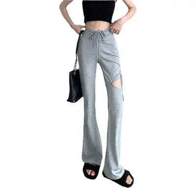 Grey Hole Drawstring Micro Pants for Women