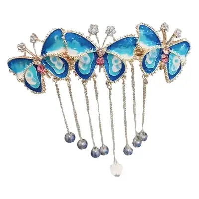 Blue Butterfly Tassel Hairpin with Chain