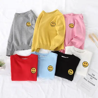 Girls Grey Knitted Sweater with Smiley Print
