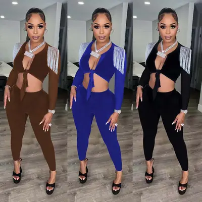 Women's Cross-Border Pure Color Tassel Waistless Suit Set