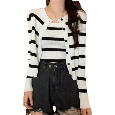 Women Striped Long Sleeve Knitted Cardigan Set Red White