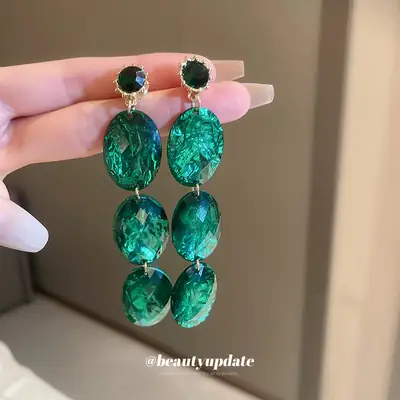 Vintage Emerald Diamond Oval Earrings Silver Needle