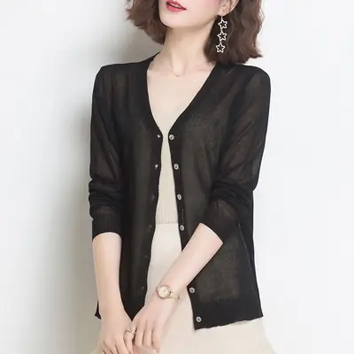 Women's Thin Knitted Cardigan Solid Color Imitation Linen Ice Silk Top Jacket