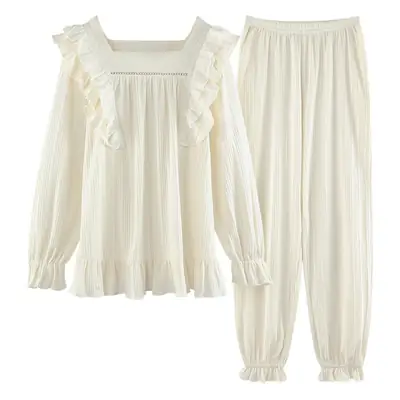 Women Cotton Pajama Set Cream Long Sleeve Ruffled