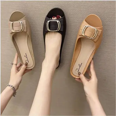Korean Style Square Buckle Flat Sandals Black