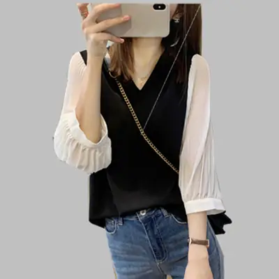 Black V-Neck Chiffon Shirt for Women Plus Size