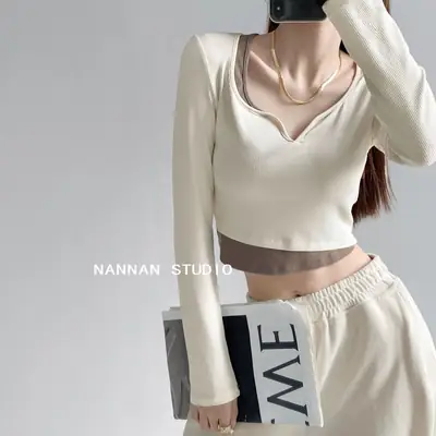 Women's V-Neck Long Sleeve T-Shirt Set Cream