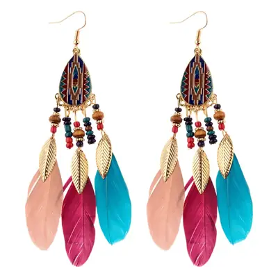 Fairy Feather Earrings Bohemian Ethnic Gold Beaded