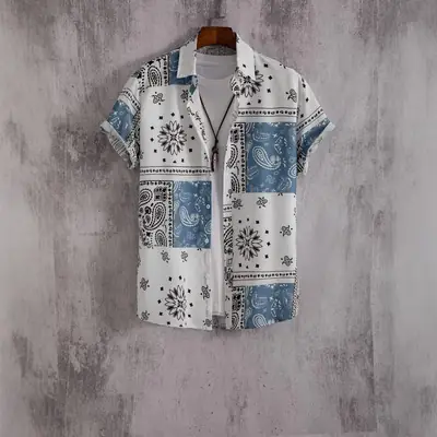 Men's Blue & White Digital Printed Short Sleeve Shirt