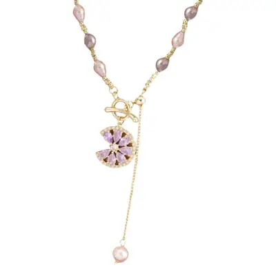 Purple Pearl Necklace with Zircon Pendant for Women