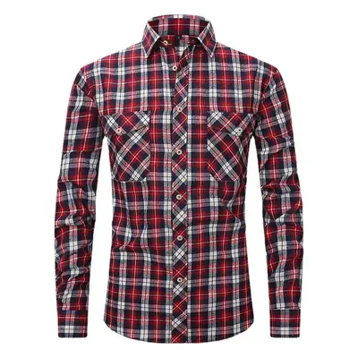 Men Plaid Slim Fit Shirt Red Blue White