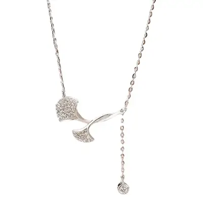 s925 Sterling Silver Ginkgo Leaf Necklace Women's Diamond Leaf Tassel Clavicle Chain Light Luxury Niche High-end Design Sense Generative Hair