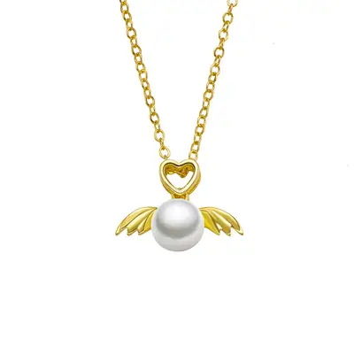 Gold Heart Angel Pearl Pendant Necklace